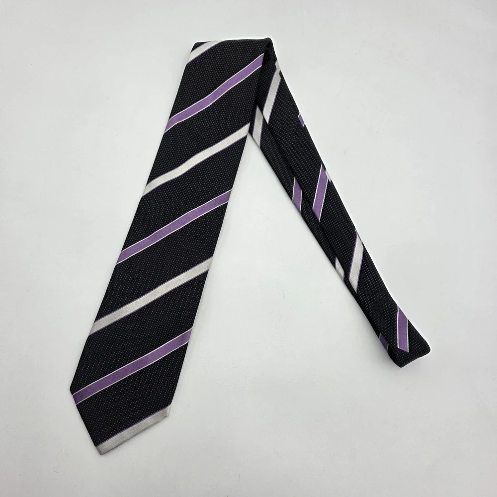 Brioni Black Silk Tie Purple Silver Stripe Handmade Italy Classic‎ Luxury